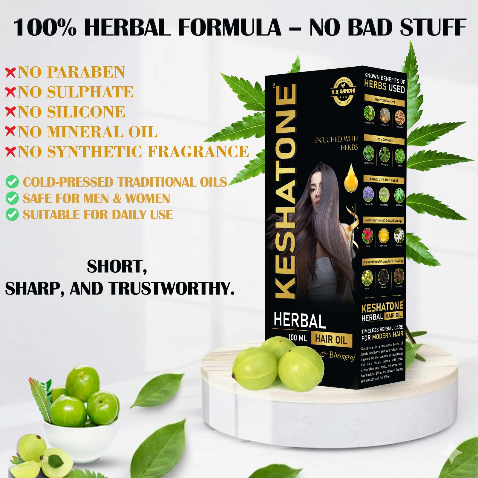 Keshatone Herbal Hair Care Combo | Ayurvedic Hair Oil (100ml) + Shampoo (250ml) | Hair Fall Control, Dandruff Reduction & Hair Growth - Image 3